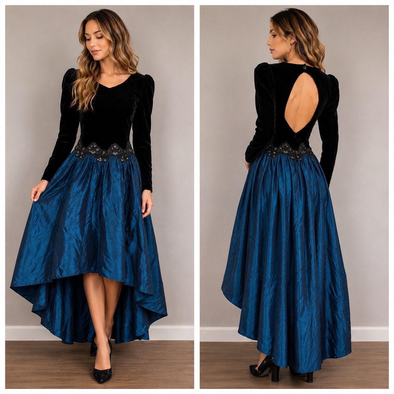 Vintage 80s Scott McClintock Dress USA 12 Black Velvet Blue High Low Formal