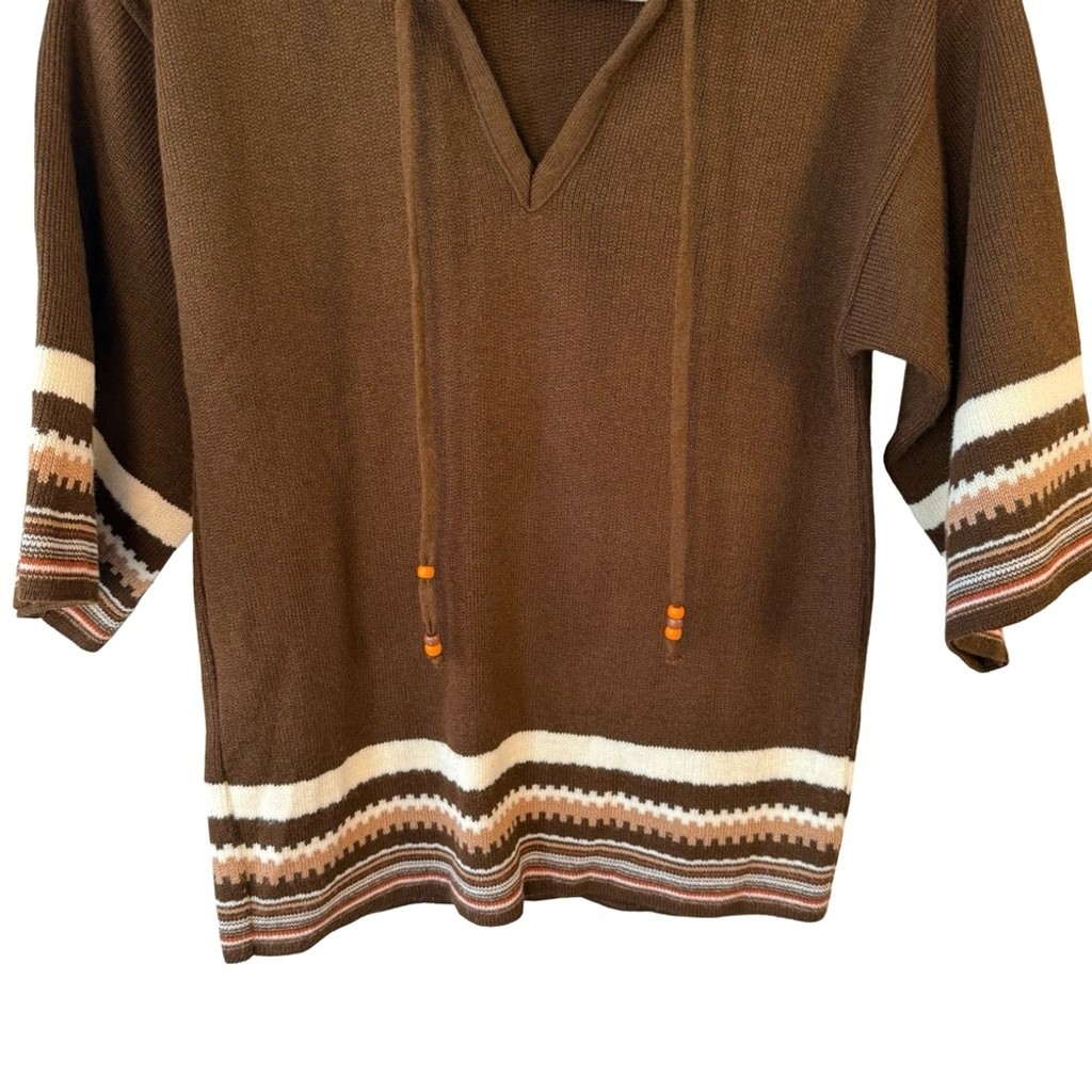 Vintage 70s Boho Brown Striped Sweater Size XS S Retro Unisex Cozy Classic