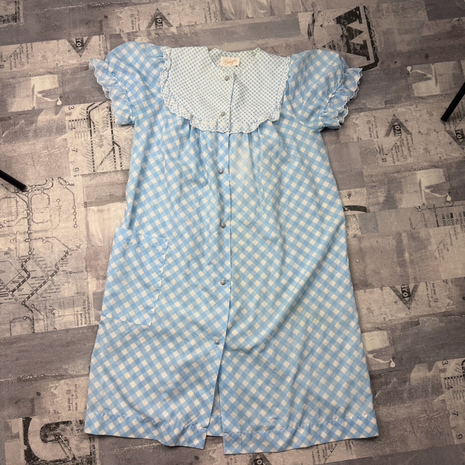 Vintage Barbizon Cotton House Coat SZ S/M Blue Gingham Daisy Dainty Robe
