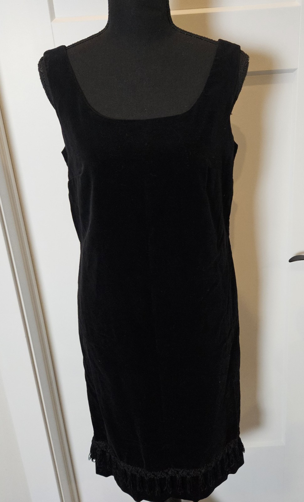 60s VTG Black Velvet Lined Cocktail Dress FRINGE Accent Talon Zipper Sz12 Union