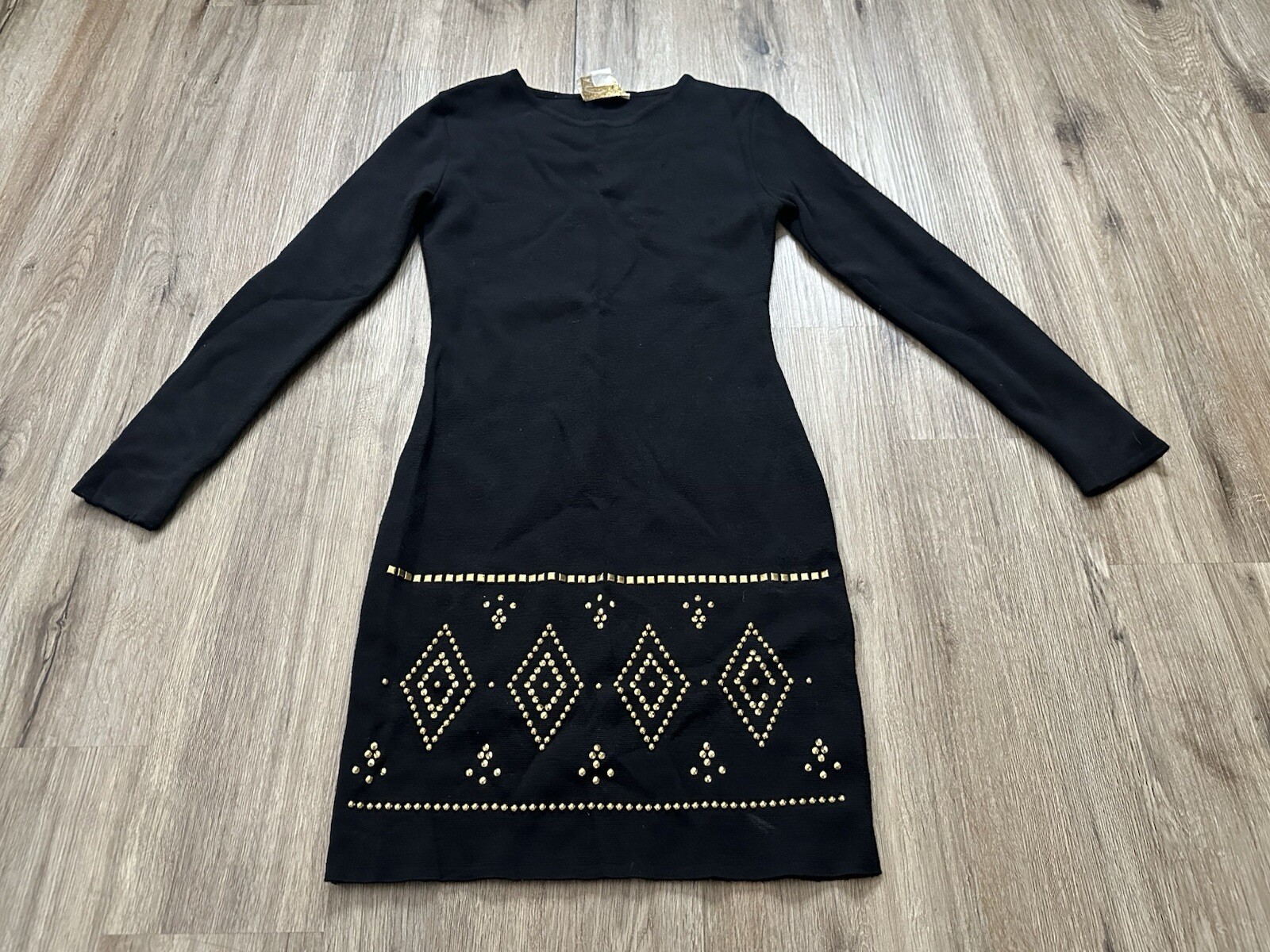 Vintage Genny Maglia Italy 100% Wool Studded Long Sleeve Black Sweater Dress
