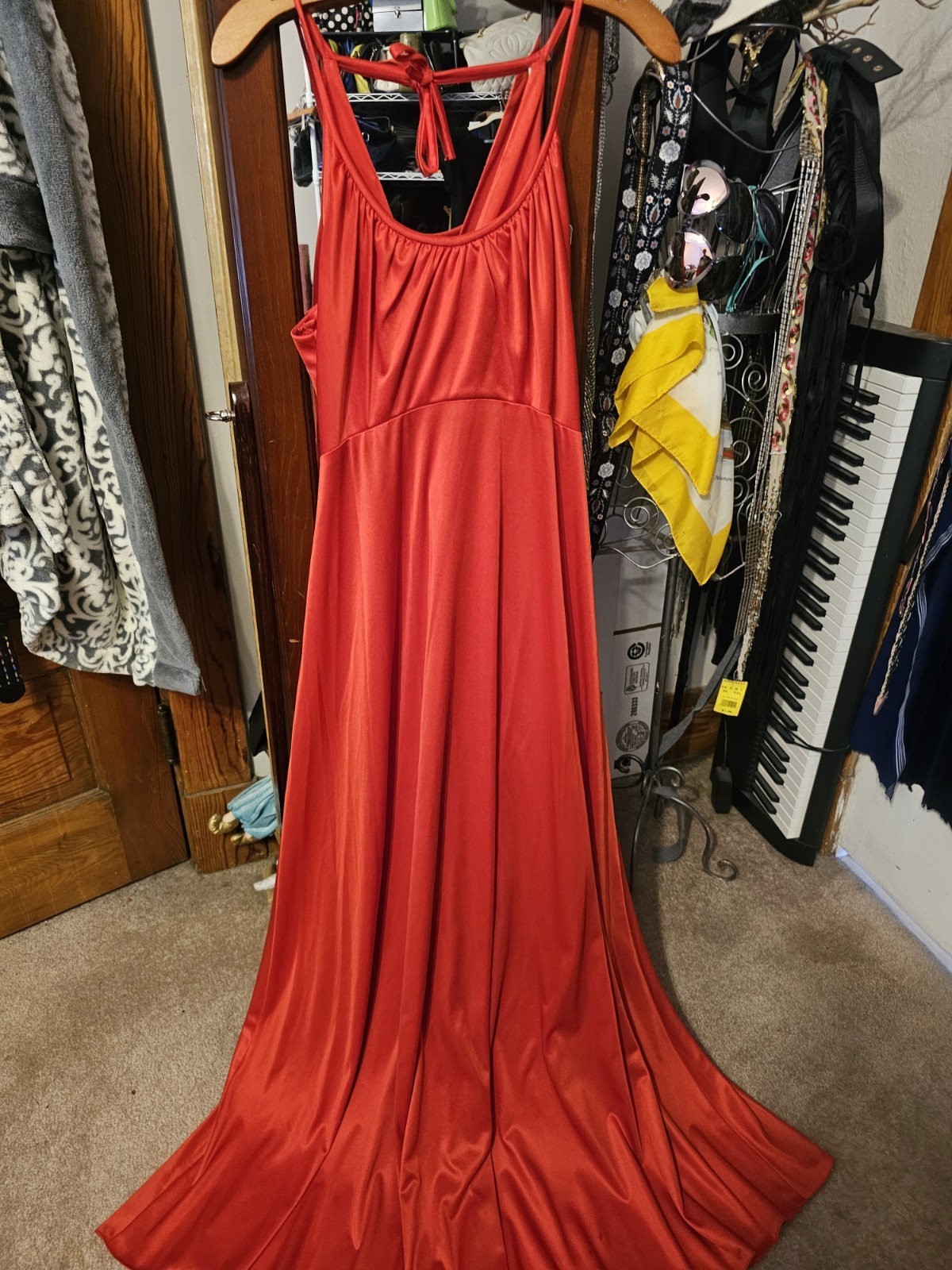 True Vintage Unbranded 1970s Caolet Dress Long Red Disco Evening Caplet Size…