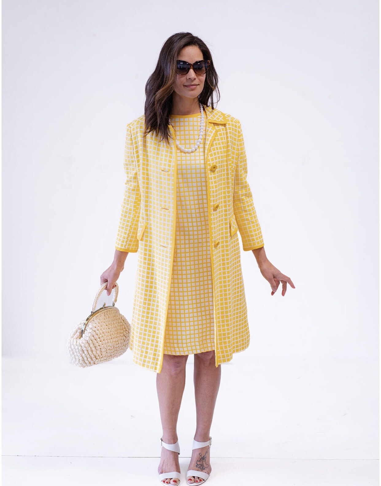 60’s Mid Century Yellow & White David Crystal Dress with Matching Jacket