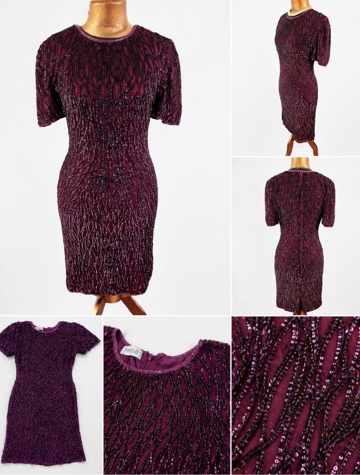 Vintage Sweelo Purple Beaded Sequin Silk Cocktail Shift Mini Dress Wm M 8 / 10