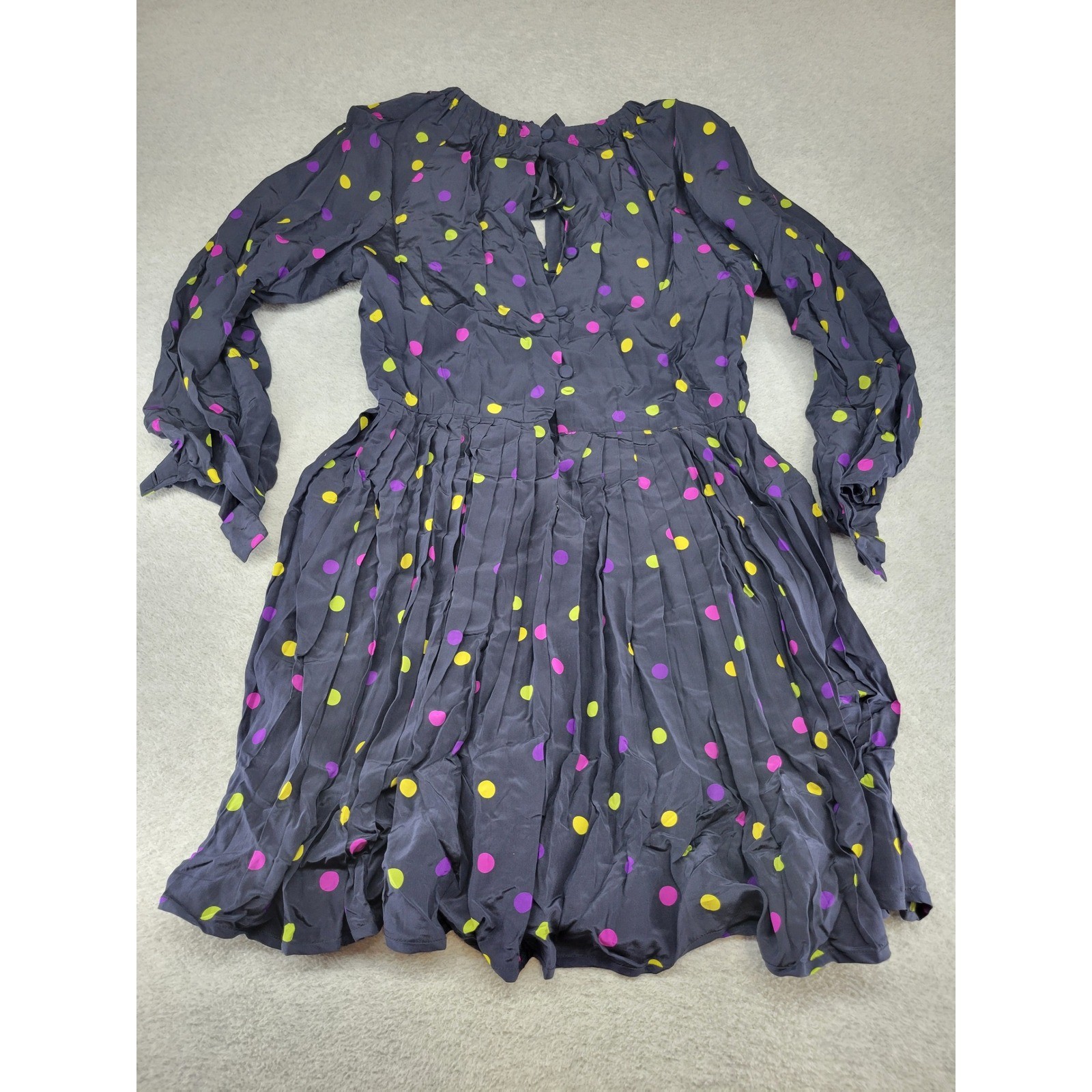 Stanley Platos Martin Ross Vintage 80s Silk Polka Dot Dress Navy Blue Size 14