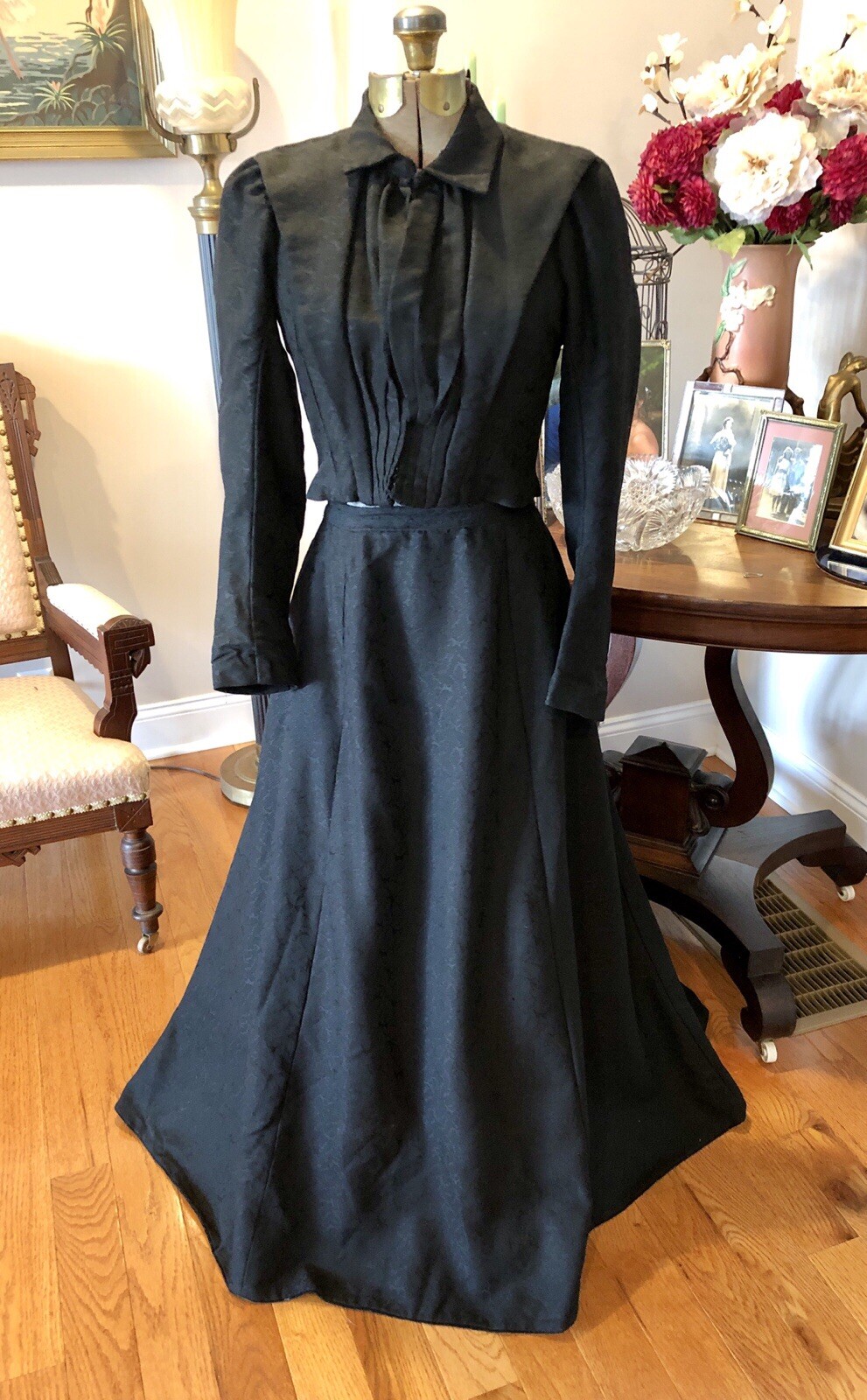 Orig VICTORIAN 1900 Black GIBSON GIRL Jacquard WOOL CHALLIS 2PC DRESS DRESS Exc