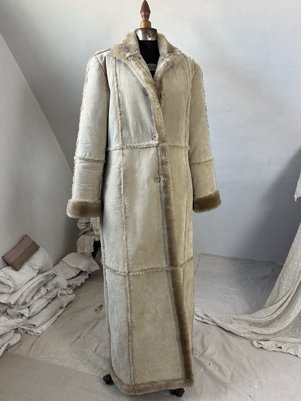 Vintage 70s style Hippie Faux Sheepskin Genuine Leather Long Coat Women’s Large