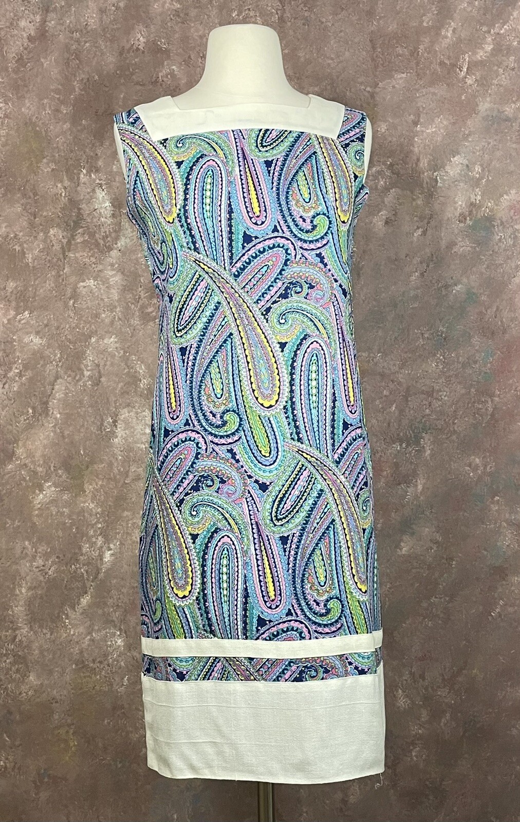 Paisley Shift Dress Vintage 1960s XS Sleeveless Blue Purple Yellow Handmade