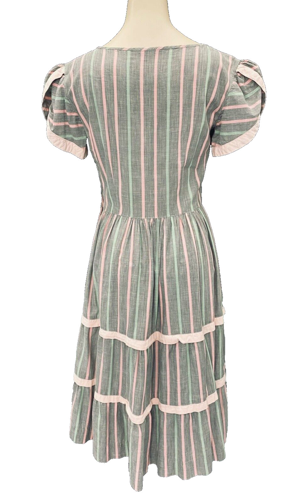 Vintage 1940s gray cotton dress, pink green stripe short puffed sleeves XS S