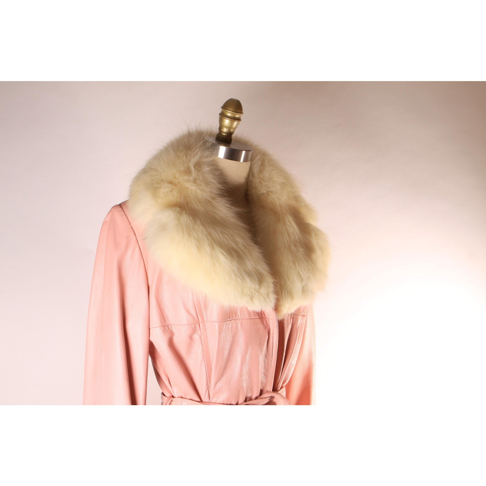 1970s Pink Leather Cream Fox Fur Trench Coat by New England Sportswear Company