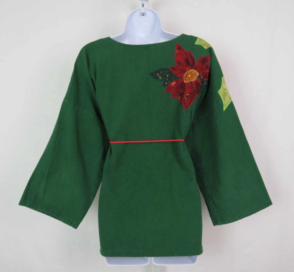 VTG 1970s 80s ALFREDO’S WIFE GREEN COTTON BOHO HIPPIE SMOCK TOP TUNIC POINSETTIA