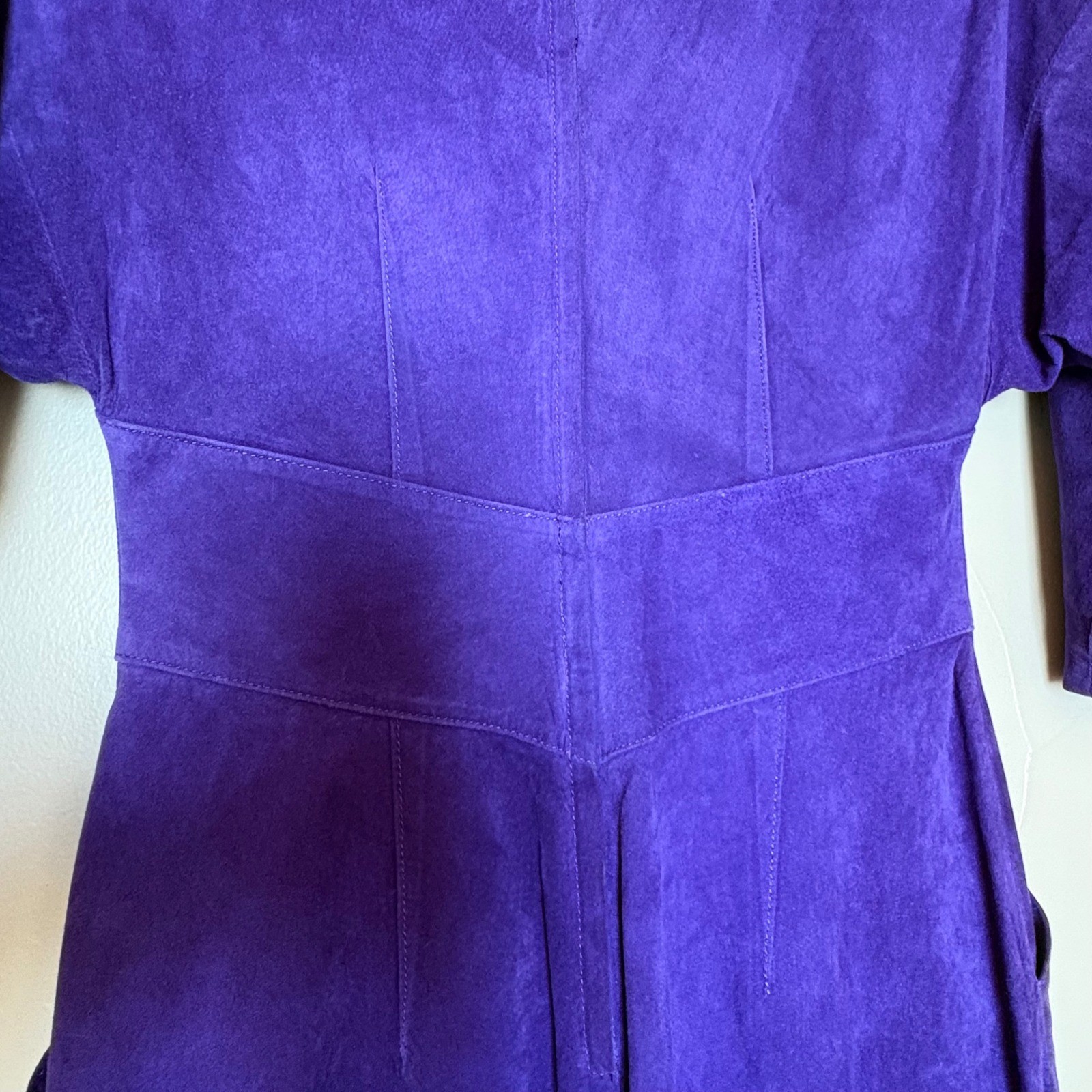 Pia Rucci Vintage 80s Purple Suede Leather Midi Dress 3/4 Sleeve Pockets Women 4