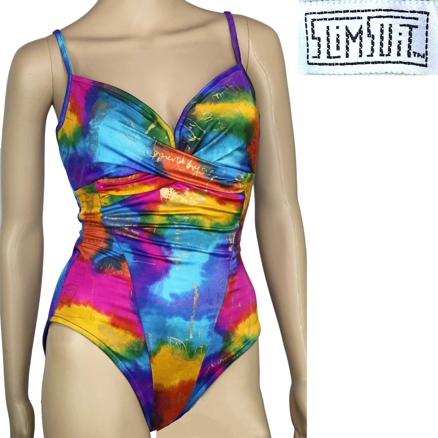 1990s Y2K Vintage Slimsuit Swimsuit with Bra Rainbow Print Metallic Gold 10