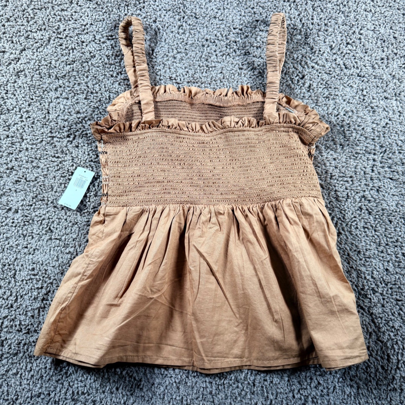 Smocked tank Top Tan Ruffle Small NWT Cottagecore summer boho girly peplum