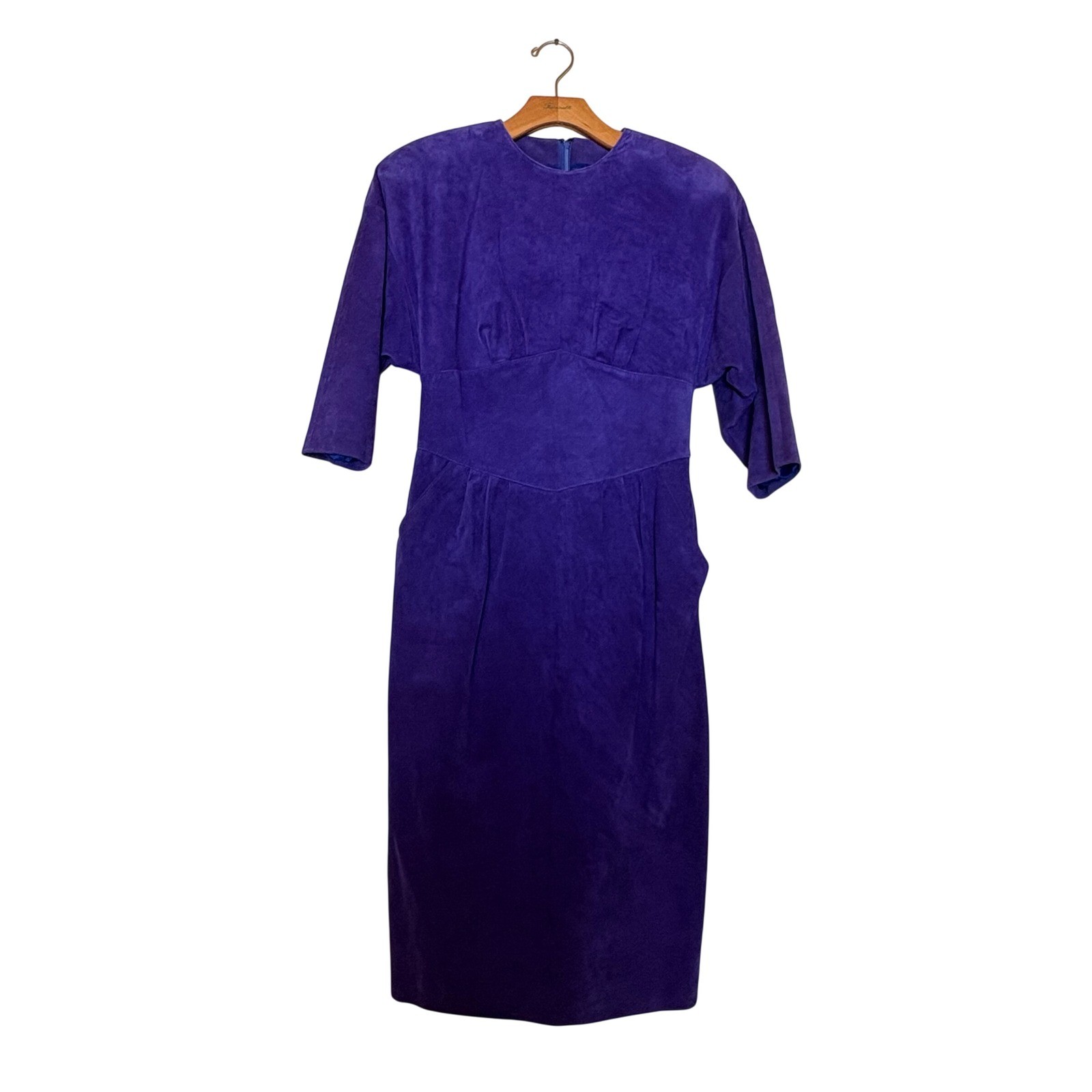 Pia Rucci Vintage 80s Purple Suede Leather Midi Dress 3/4 Sleeve Pockets Women 4