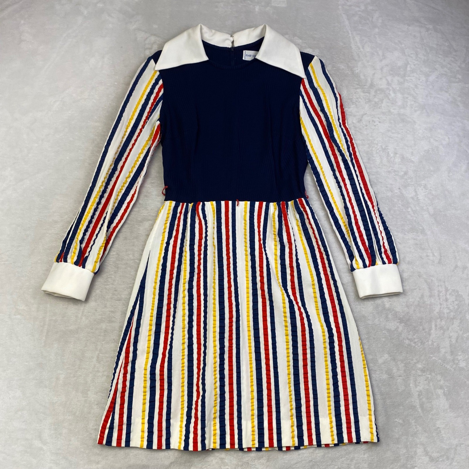 Vintage Gay Gibson Dress Mod Striped Ribbed Navy White Collar Long Sleeve