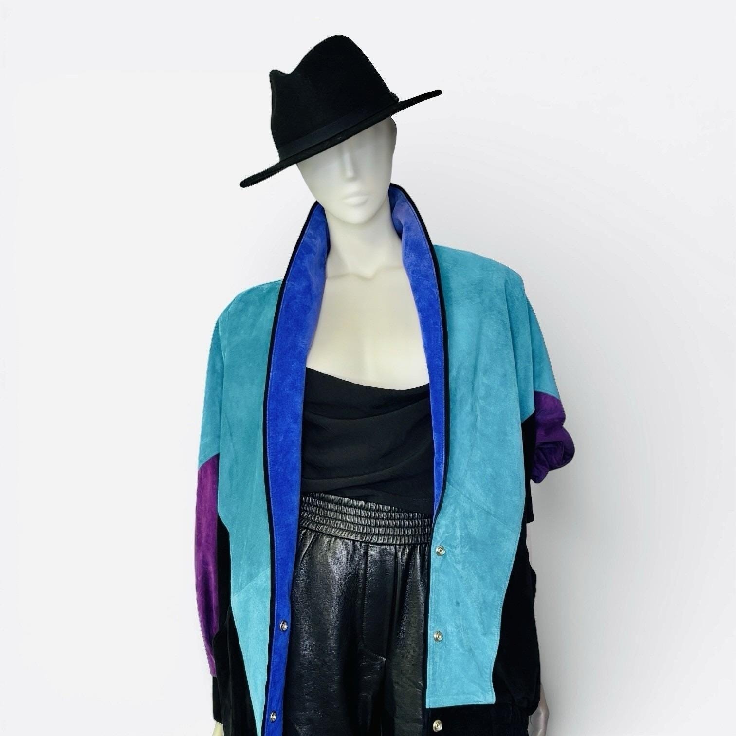 Rare Vintage Mary Hoffman Black, Teal, Purple Suede Color Block Suede Jacket M