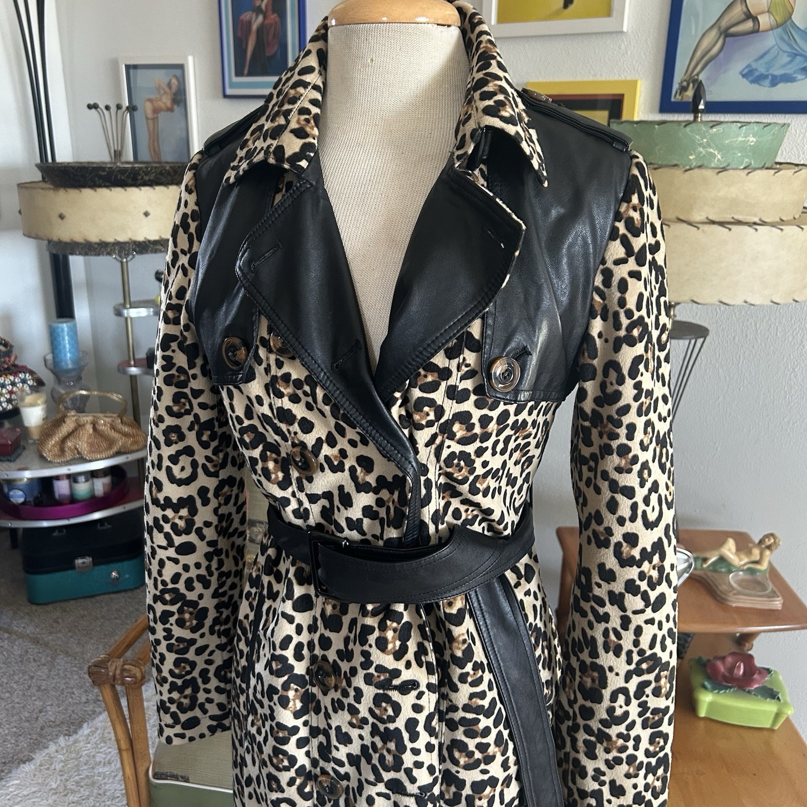 Retro 1950s style Coat | Leopard | Trench | Belted | S M | Colorblock | 60s