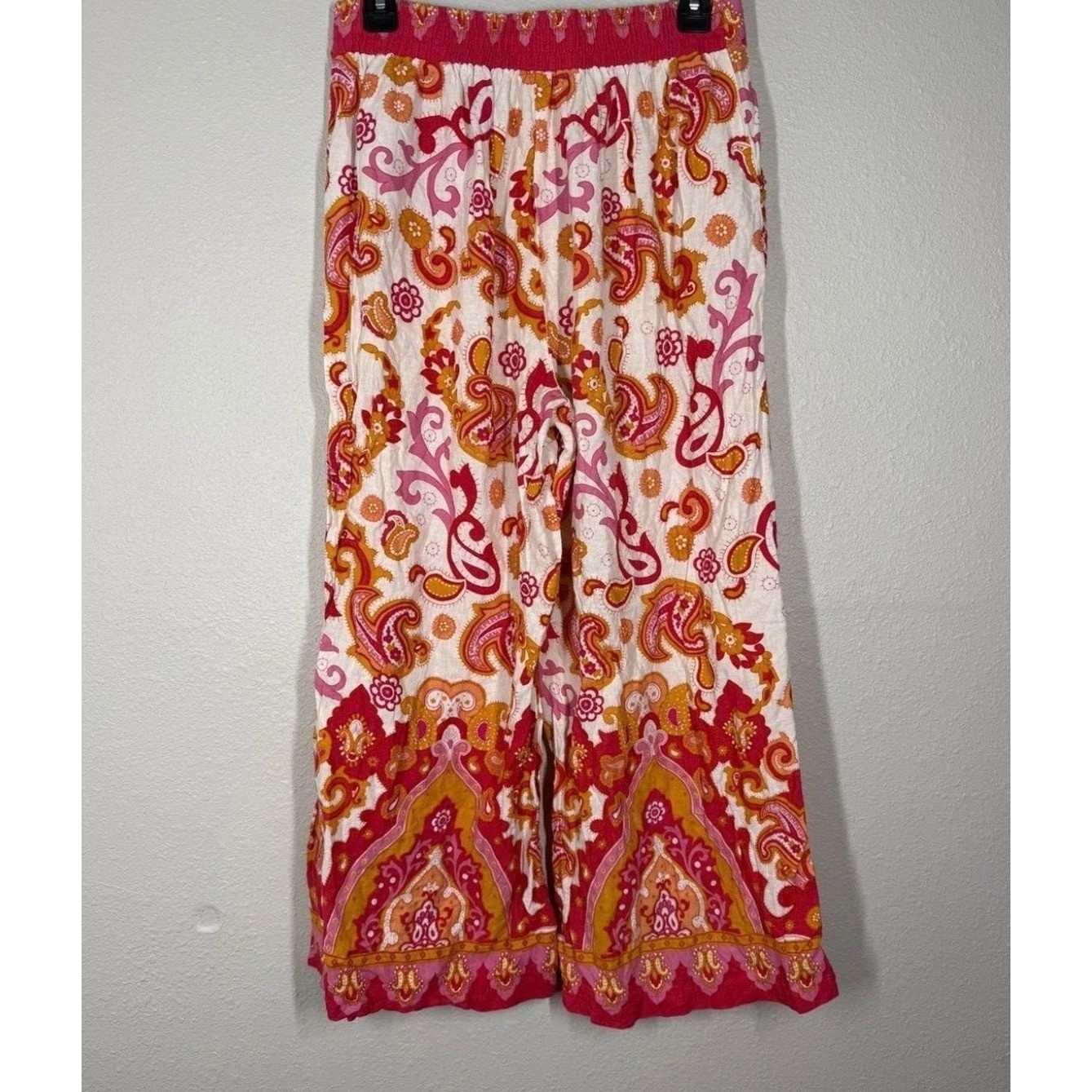 Haute Hippie Orange Floral Paisley Linen Blend Wide Leg Boho Pants XS W:14