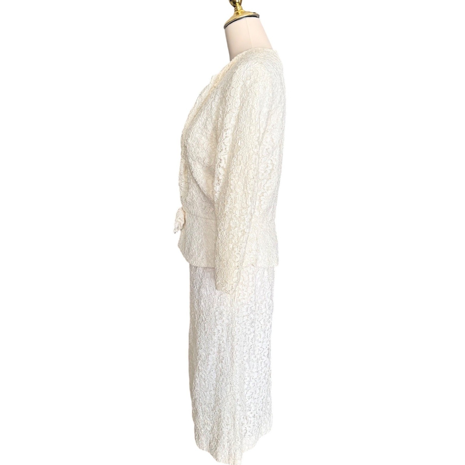 Vintage 1960s Ivory Lace Skirt Suit Set Peplum Jacket and Pencil Skirt 2 Piece