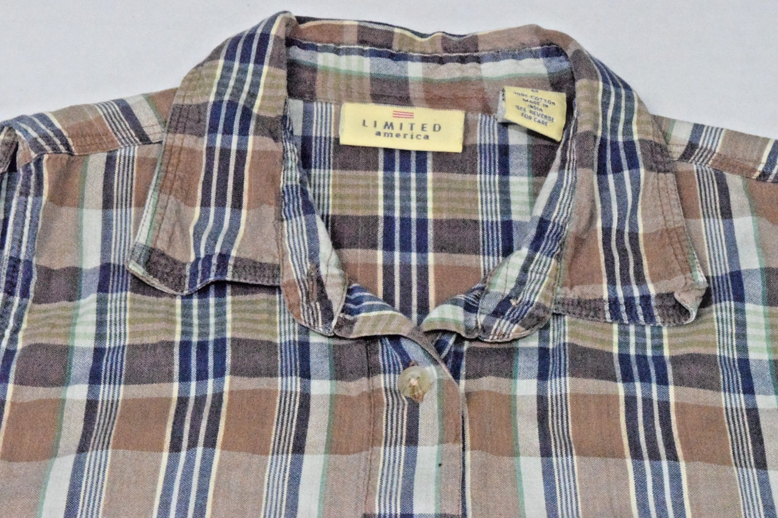 Vintage Sleeveless Shirt Limited America Size M 90s Brown Blue Plaid Cotton