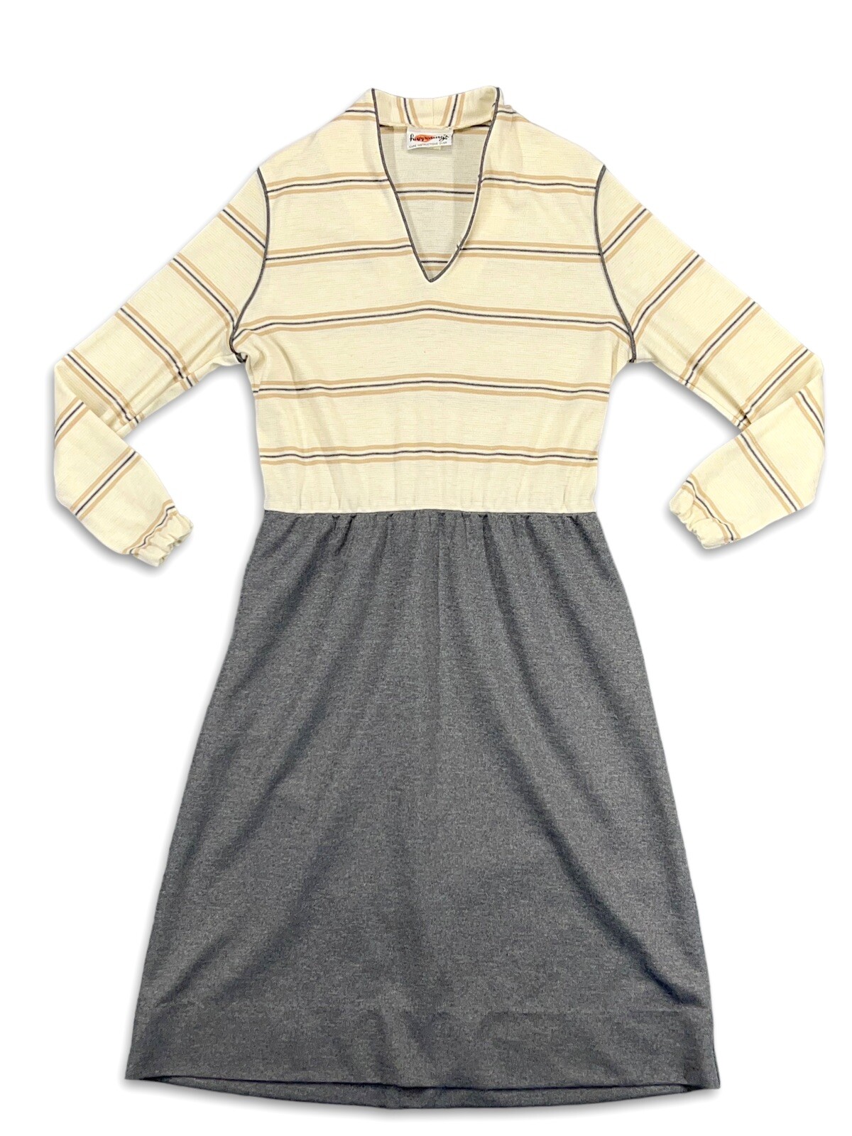 Vintage Academic Academia Dress Size 13 Gray Beige Striped Long Sheath Woman’s