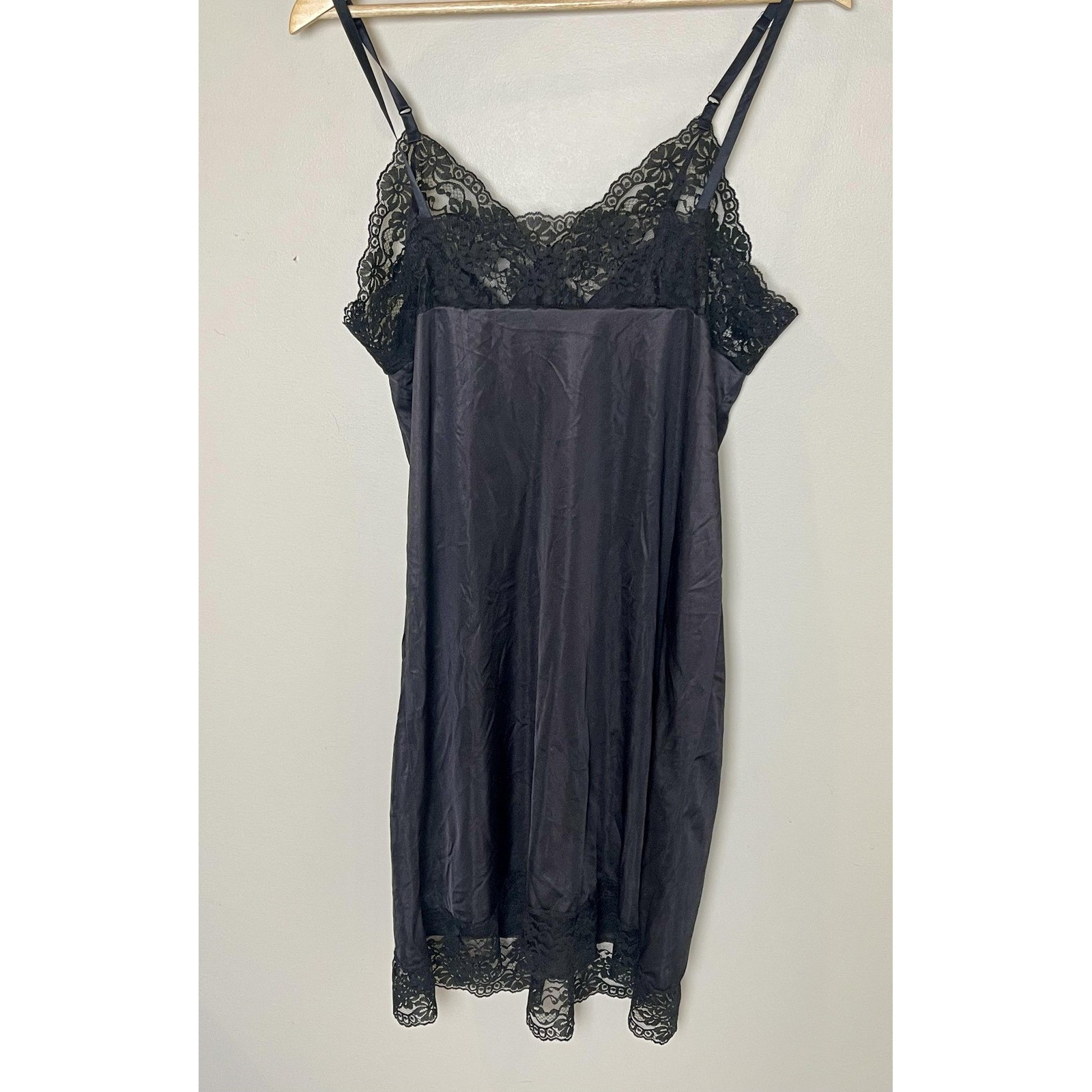 Vintage Black Lace Trim Full Slip Dress Antron III Nylon Size 40 Made in USA