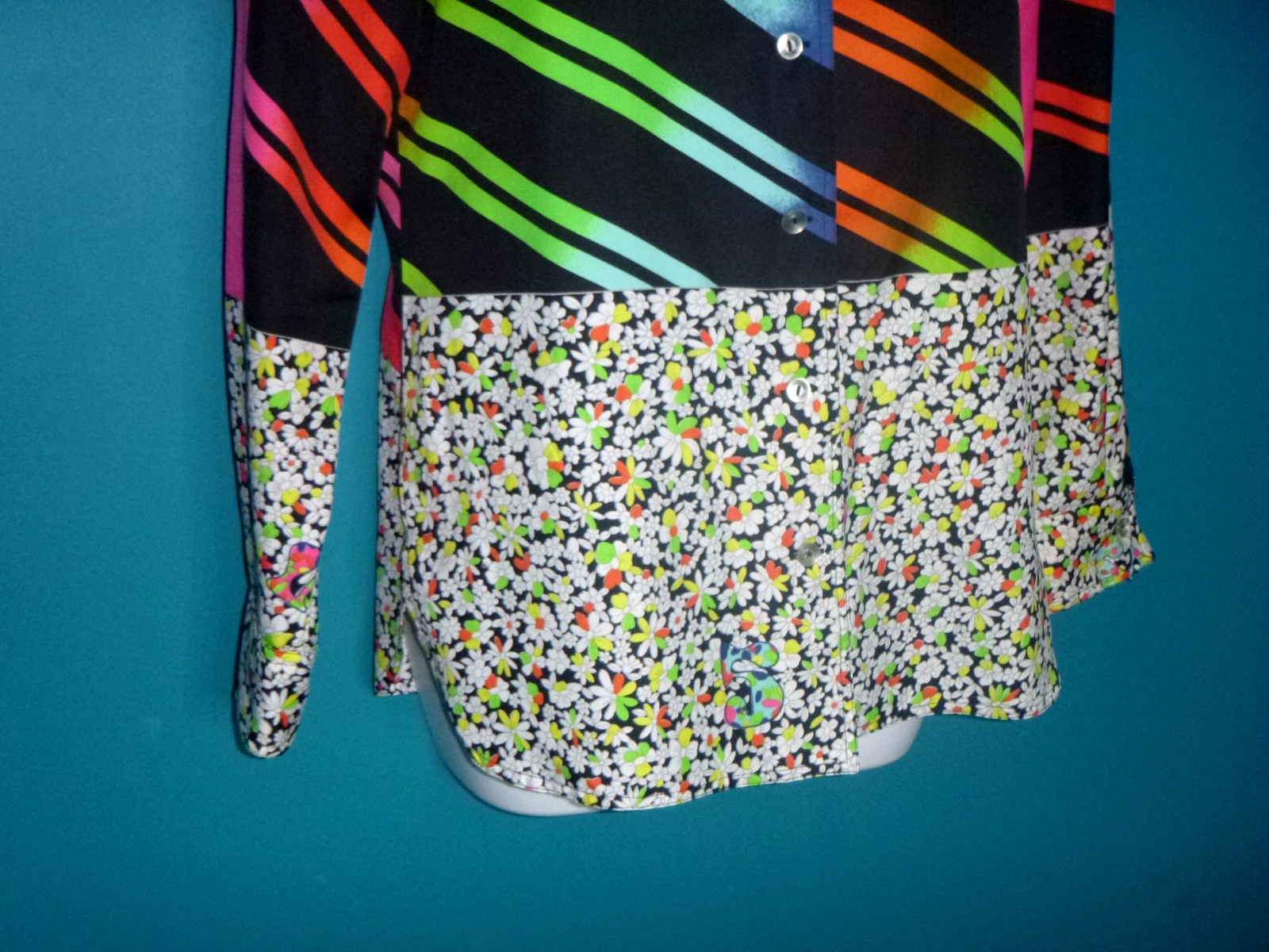 Vtg 70s King James California GROOVY Blouse Shirt MOD Floral Neon Stripes Sz S/M