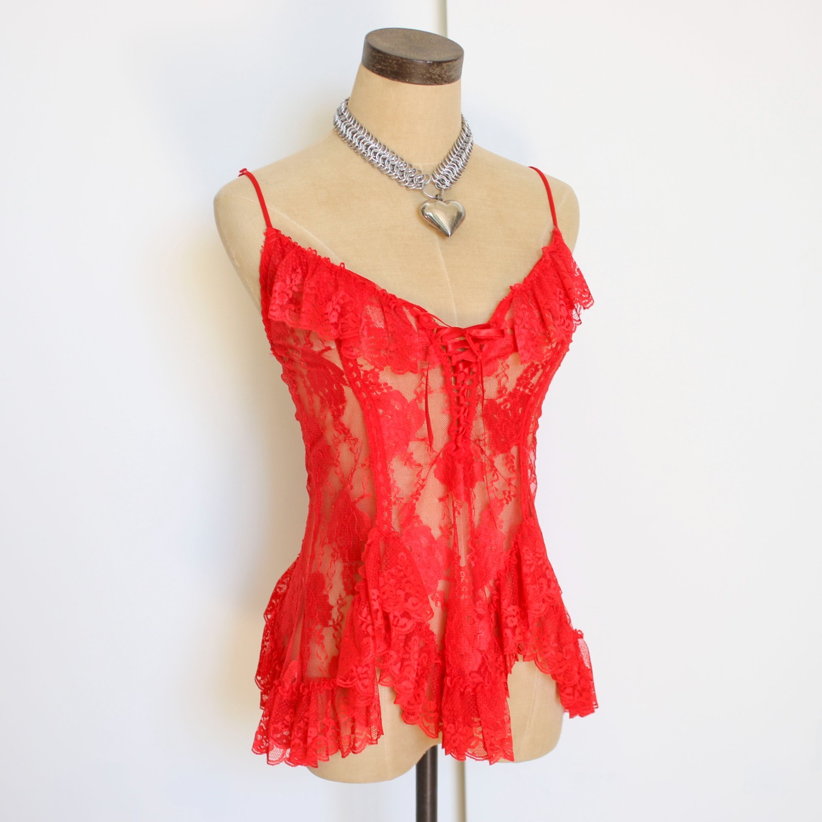 vintage y2k 90s 80s red lace ruffle cami tank top shirt goth rockstar gf small s