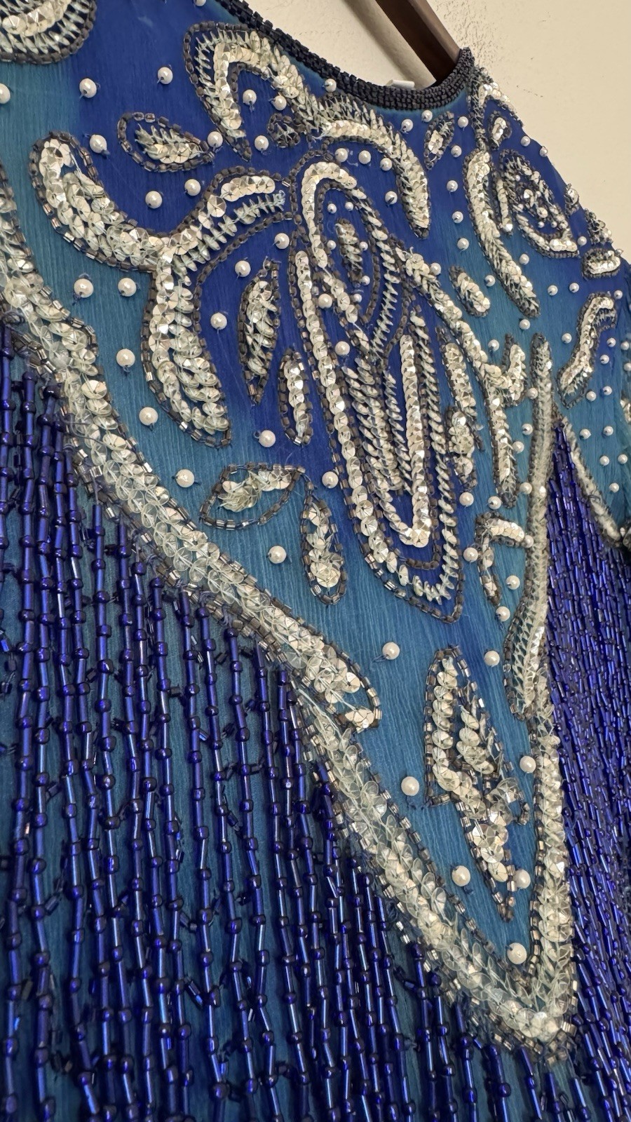 Sweelo Sequin Beaded Silk Formal Evening Dress 8-10 Fringe 80s Vintage Gatsby