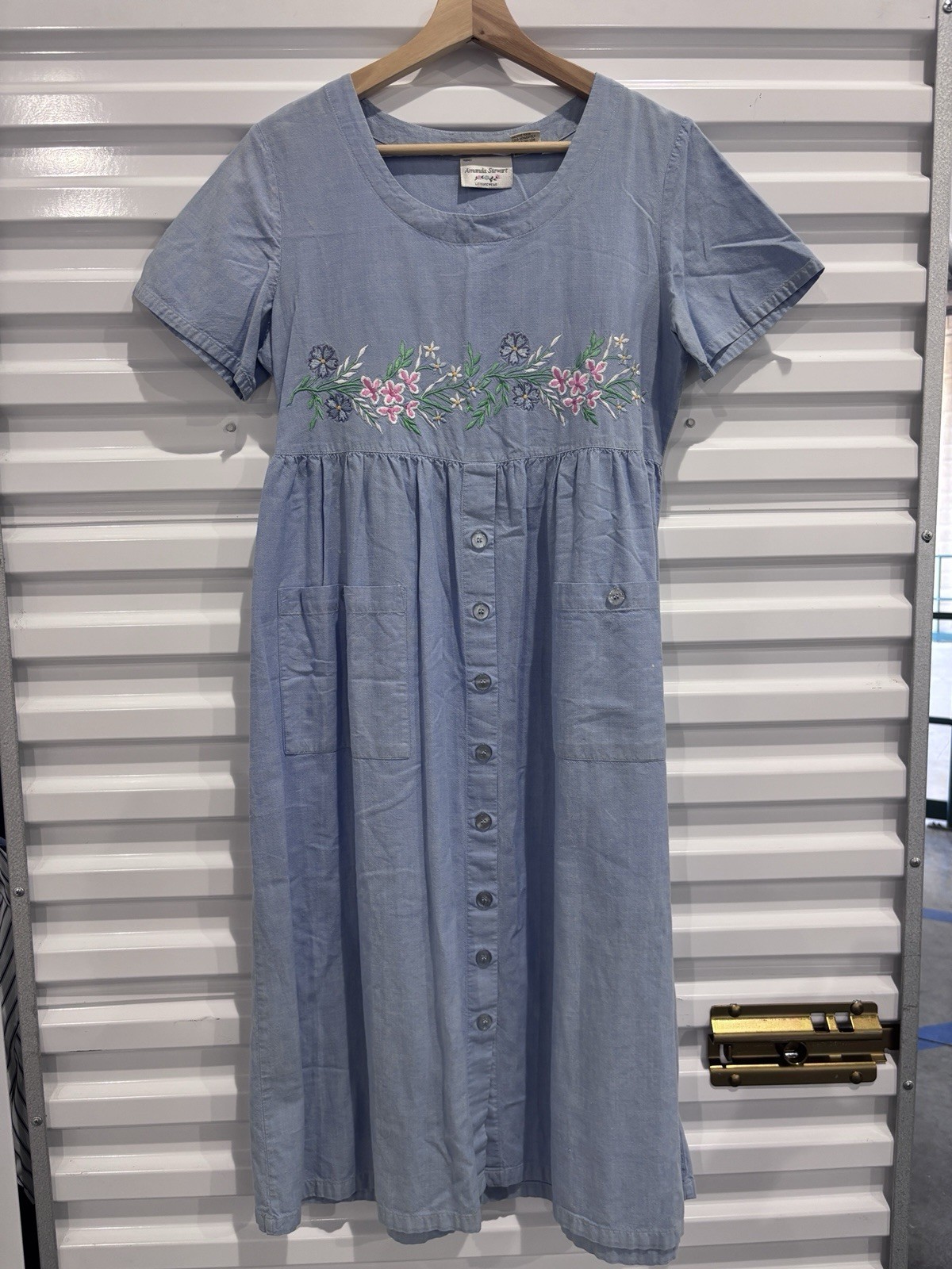 VTG 90s Amanda Stewart Chambray Floral Embroidered Dress Size S Cottage Core USA