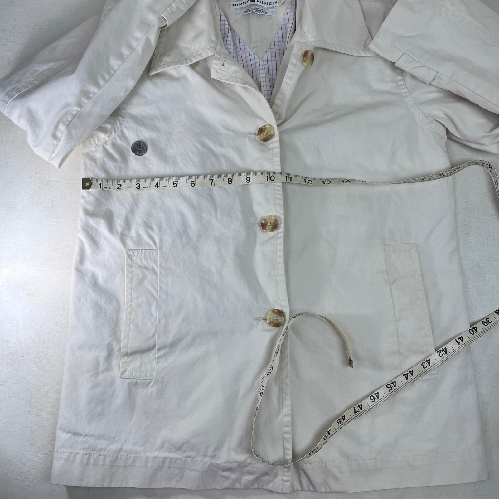 Vtg Tommy Hilfiger White Cotton Button Up Jacket Womens Medium Casual Mod Disco