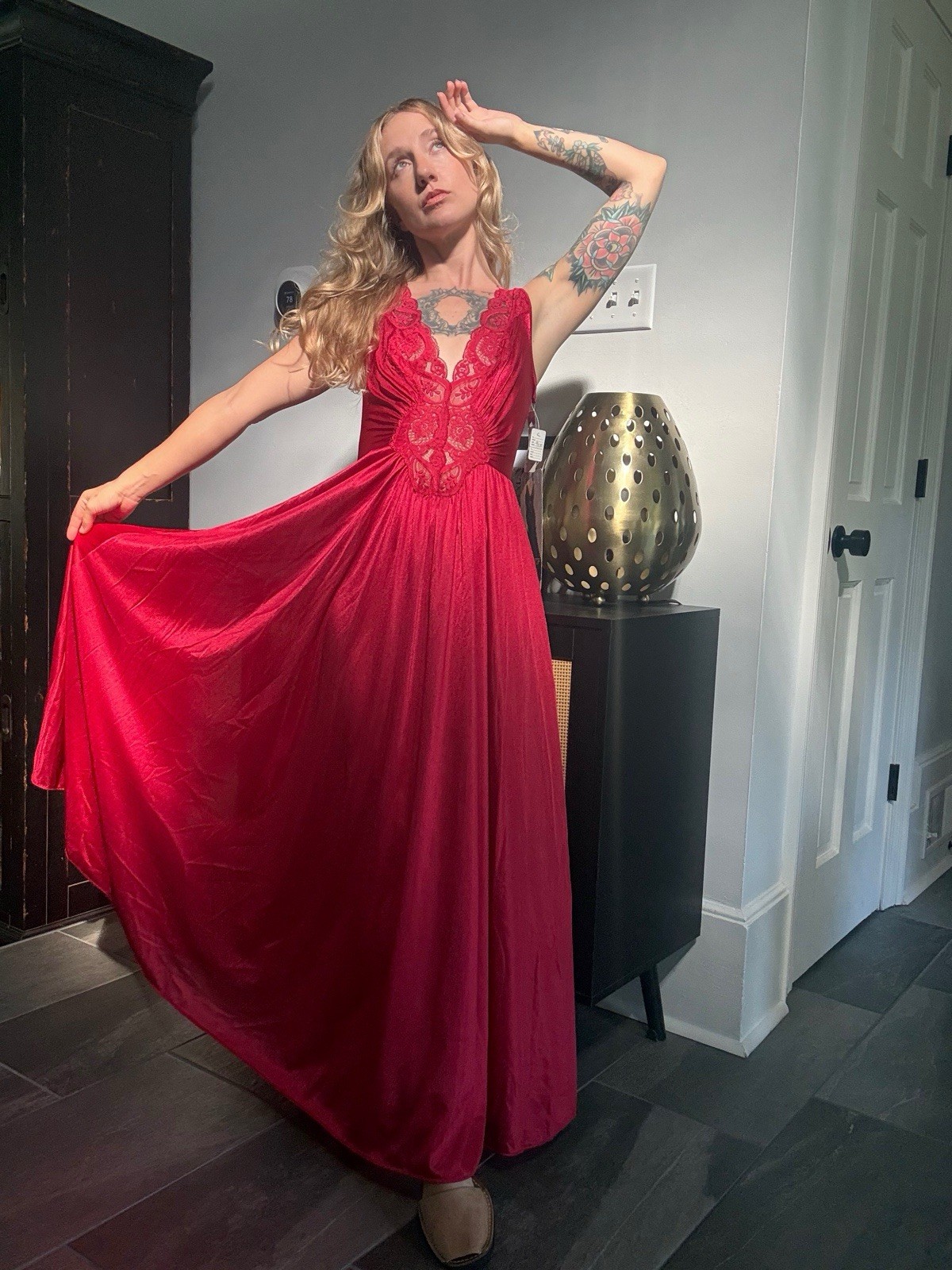 Deadstock 1980s Crimson Red Olga Gown 92280 Medium