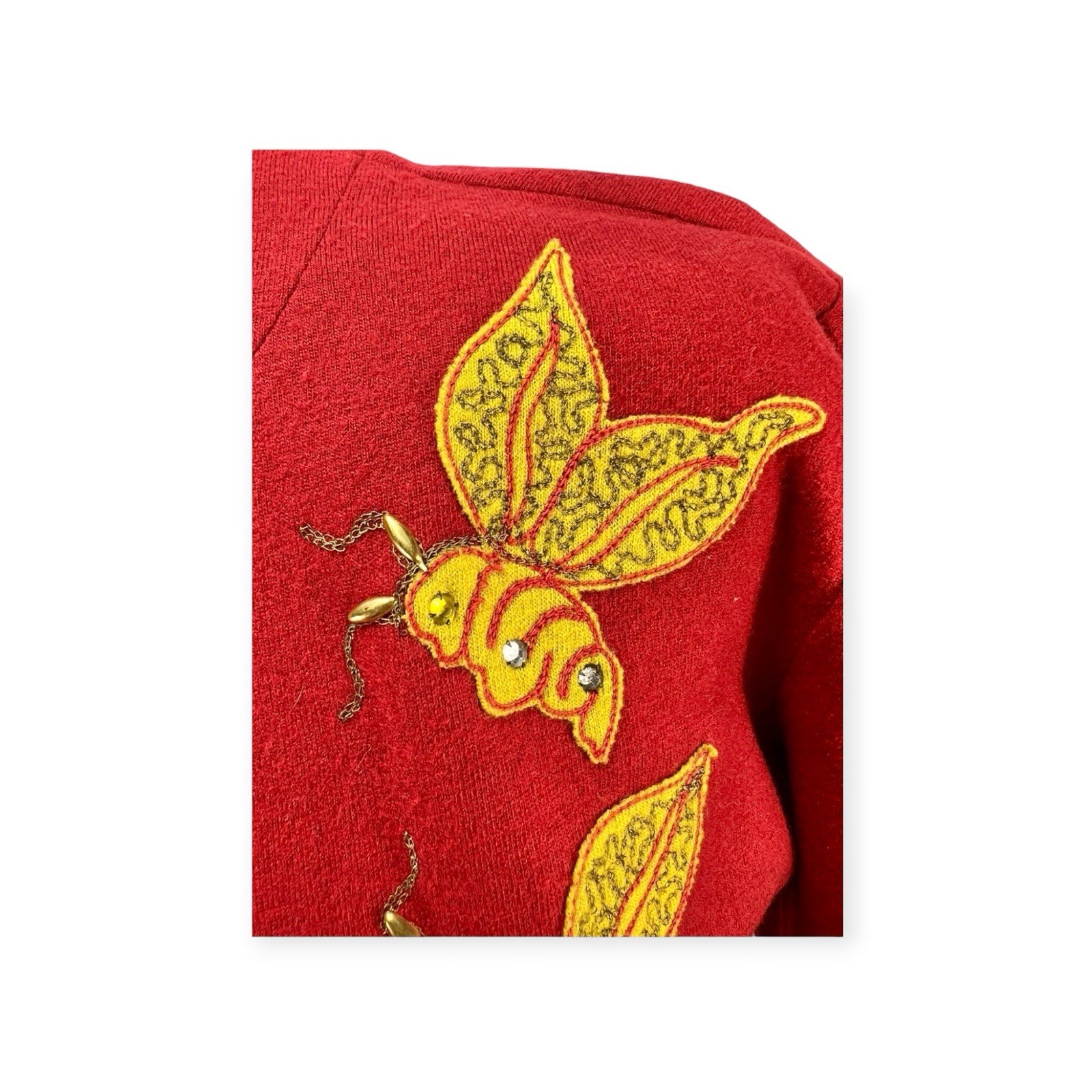 VTG 1940s RED WOOL FELT SWING SUIT JACKET SKIRT RHINESTONE BEE ROCKABILLY MCM M