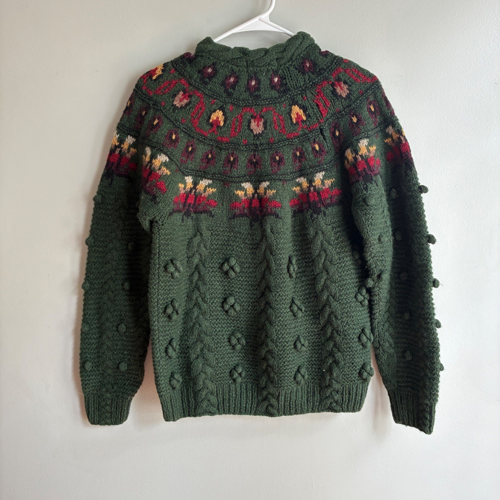Woolrich Sweater Women Medium Green Vintage Wool Fair Isle Bobble Cable Knit