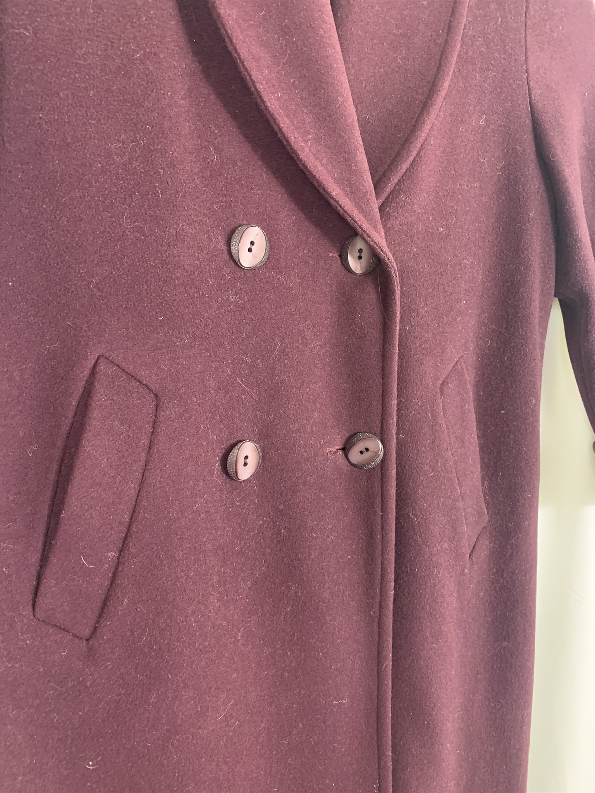 Vintage 80s Alorna Long Plum Wool Coat 12 Petite Evening Duster Velvet Trim