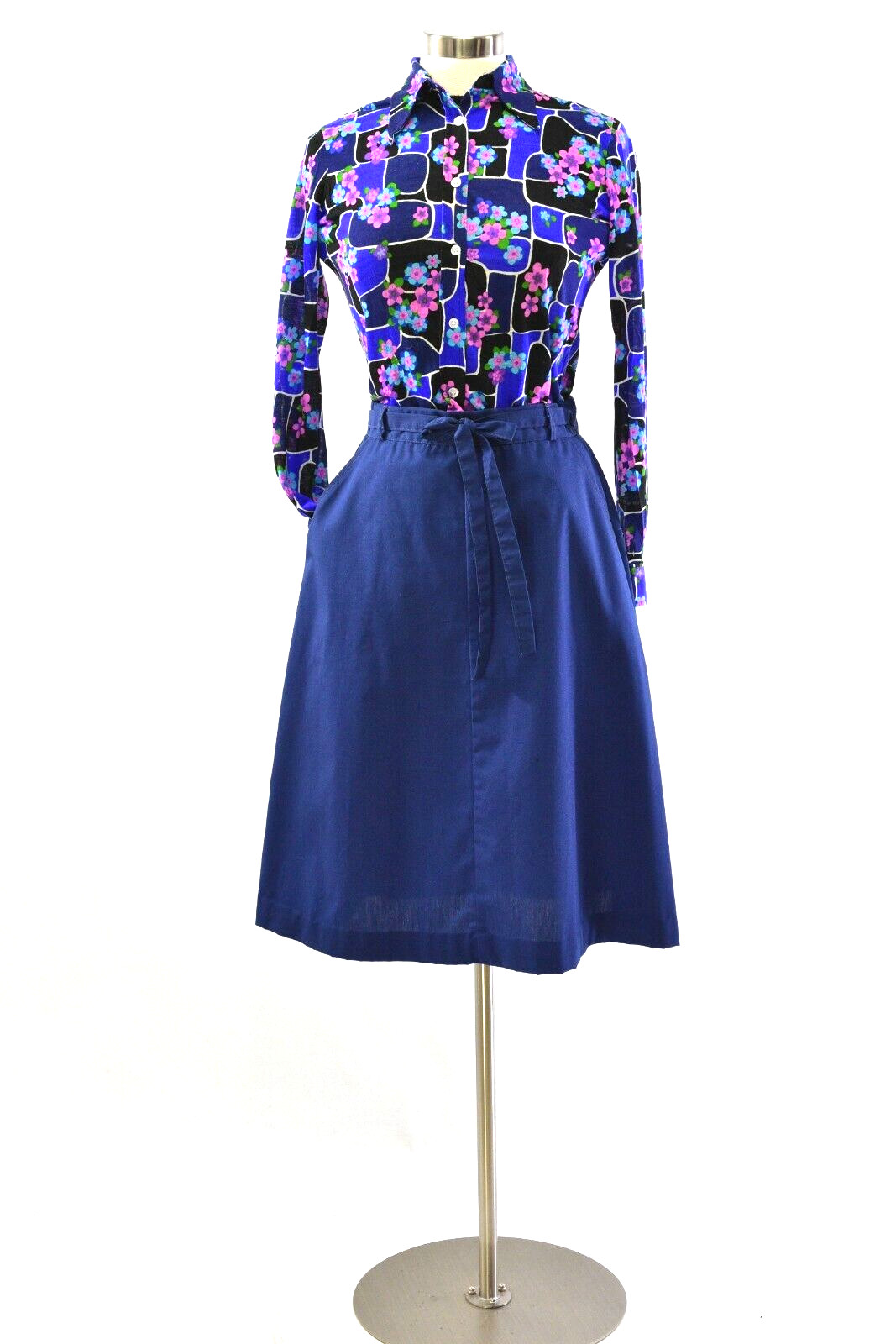 70s Vintage Navy Blue Wrap Skirt Womens XS Take 1 Pin Up A line Contrast Stitch