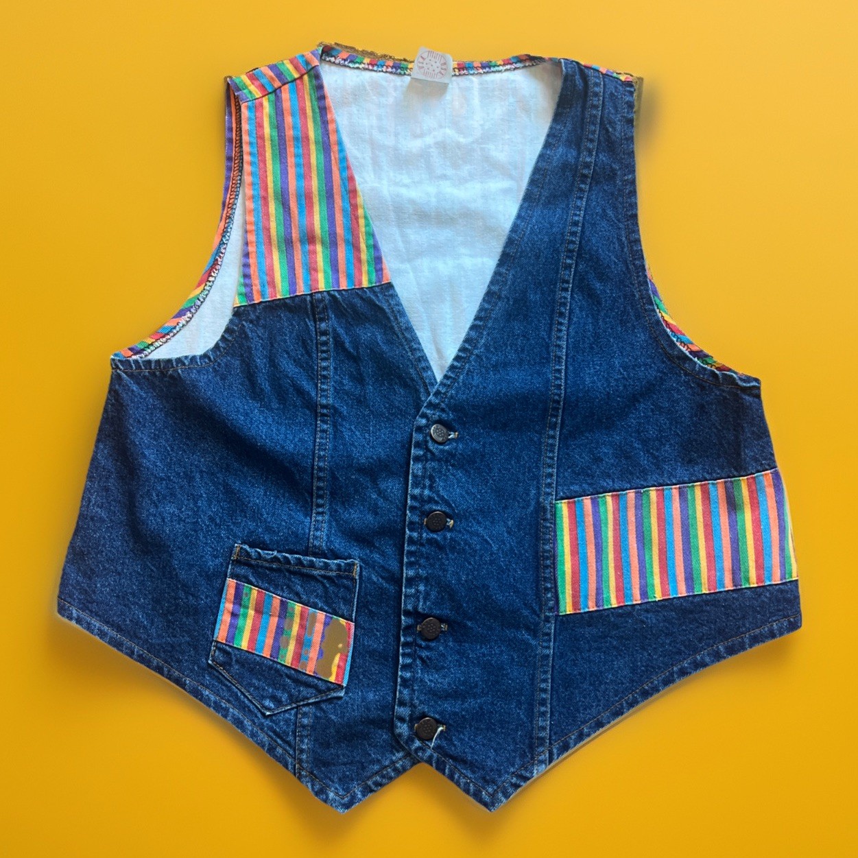 Vintage 1970s Rainbow Womens Denim Vest Made In USA Hippy Groovy Size 18 XL