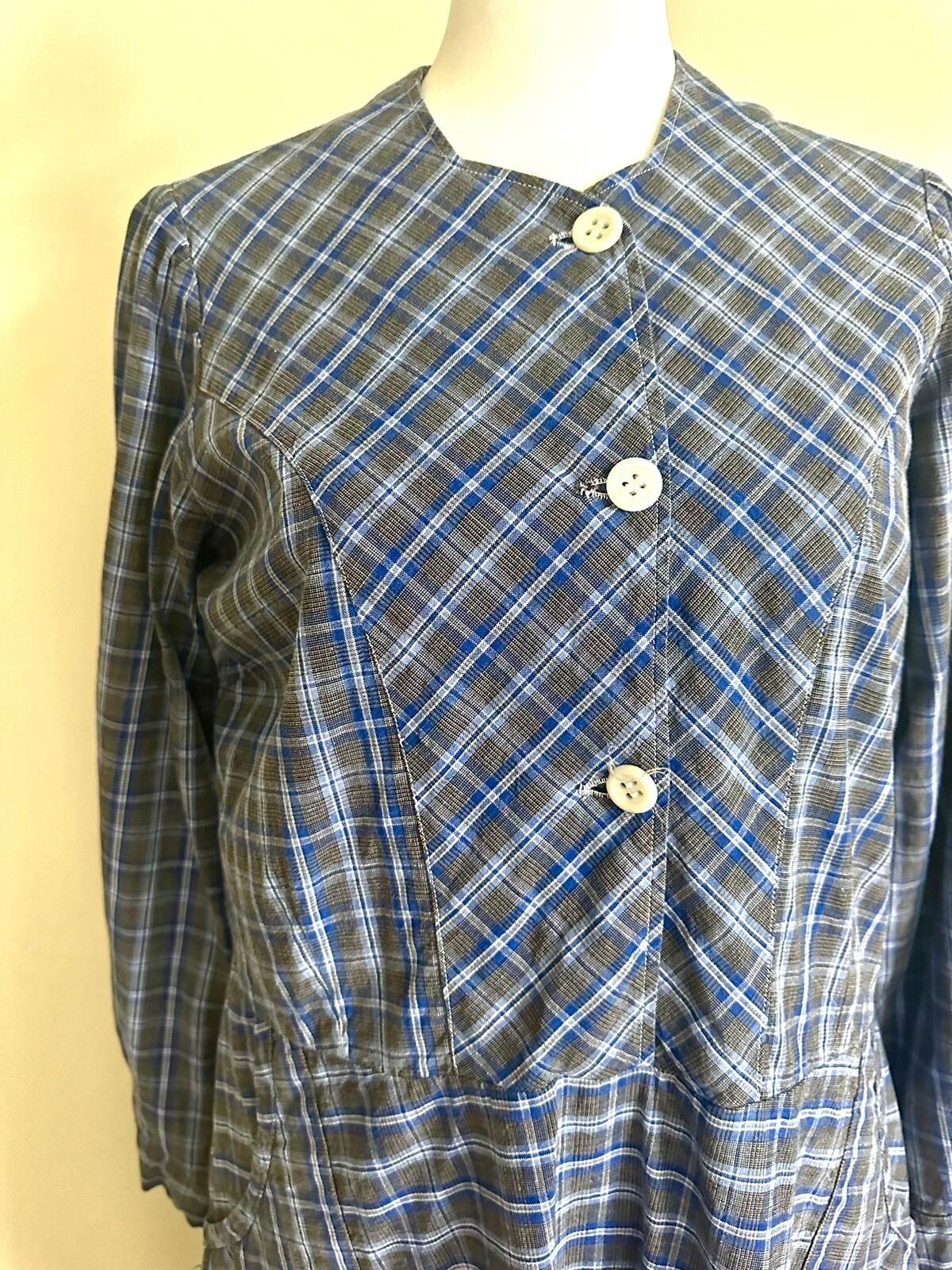 Vintage Handmade Prairie Dress Modest Homespun Blue Plaid Cotton Midi S/M