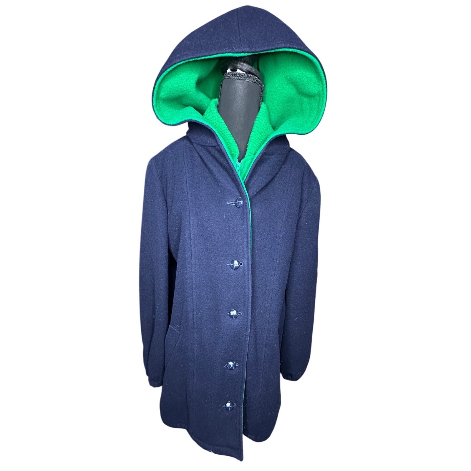 Vintage Mackintosh Authentic Vestcoat Navy Blue Wool Hooded Coat Green Lining M