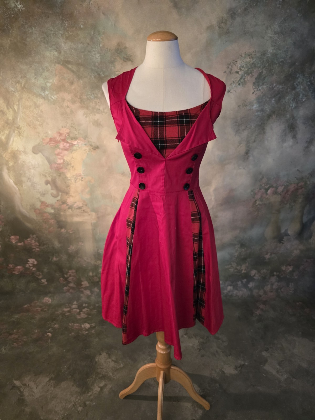 Vintage Retro Rockabilly Swing Dress Tarten Plaid Inserts Red Black S