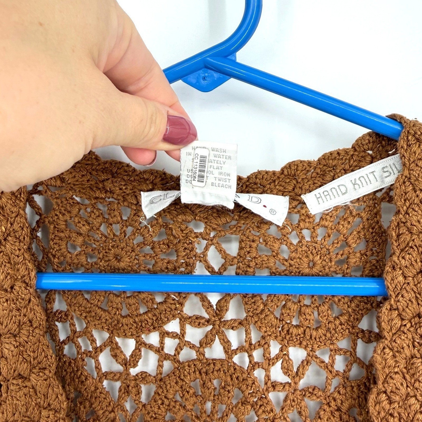 Vtg Claudia D Hand Knit 100% Silk Crochet Vest Brown Large Women 1993 Boho