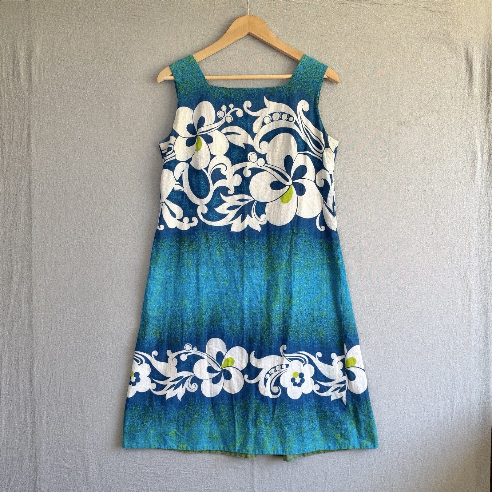 Malihini Vintage Barkcloth Dress Small Blue Sleeveless Hawaiian Floral Buttons