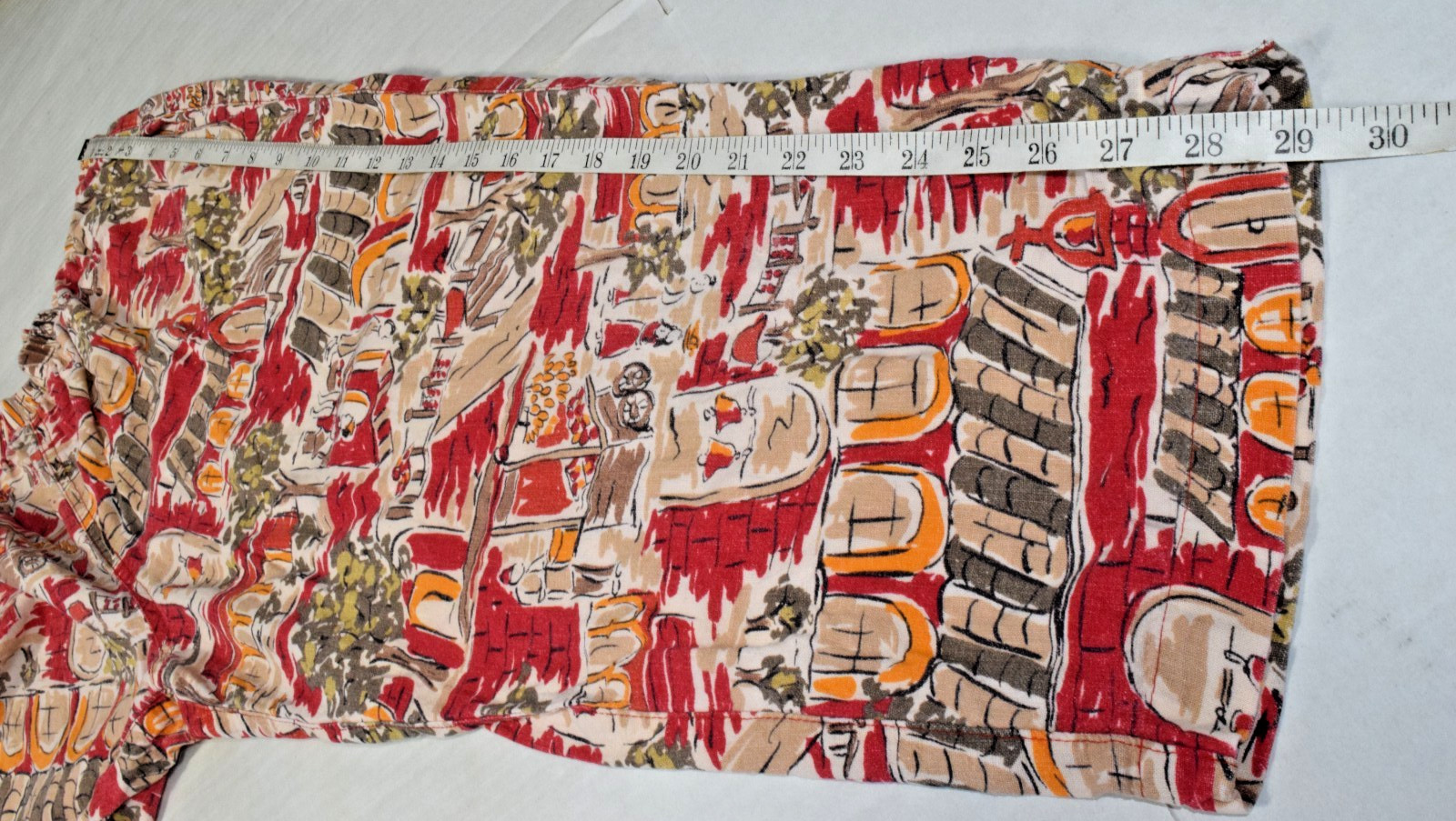 Vintage Womens Cropped Pull On Pant Size L 90s Terracotta Red French Villa Print
