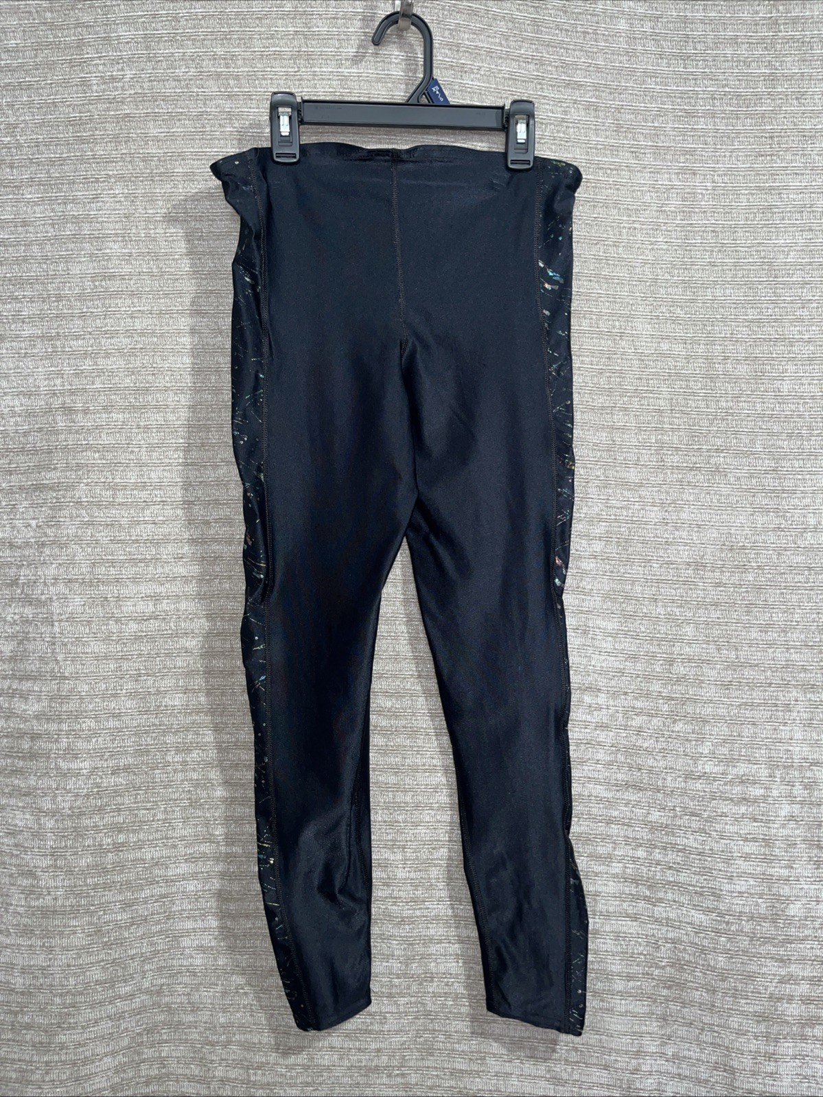 Vintage Black Satin Glitter Shiny Spandex Tight Disco Pants Dance High Waist M .