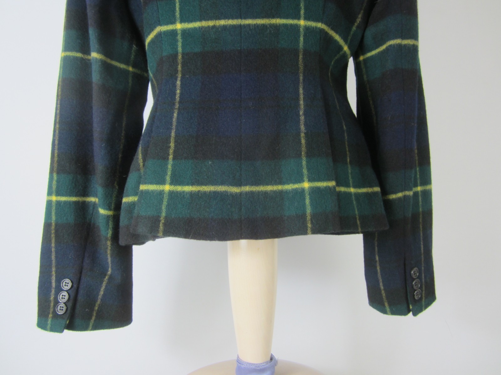 Vtg DKNY Womens 10 Navy Blue Green 100% Lambswool Tartan Plaid Blazer Jacket