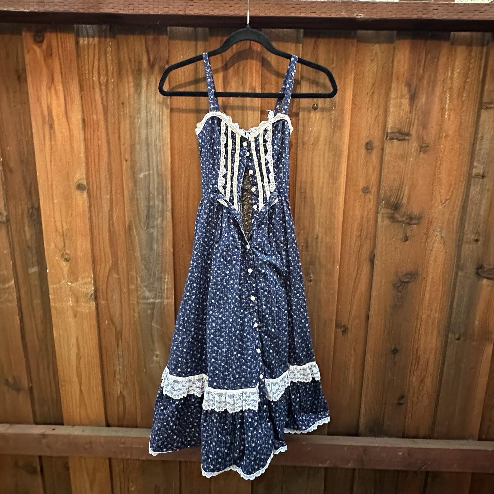 Gunne Sax 1970s Blue Prairie Maxi Dress Lace Trim Cotton Bohemian Vintage