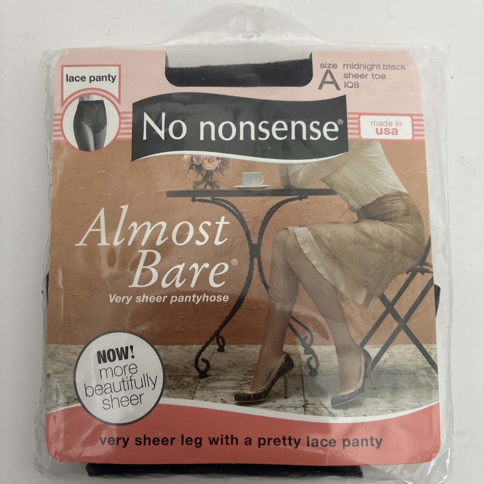 NOS Vintage No Nonsense Midnight Black Almost Bare Pantyhose Lace Panty Size A