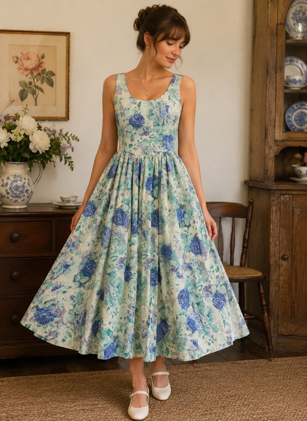 Vintage Laura Ashley Dress Size 4 Blue White Floral Cottagecore Sweetheart