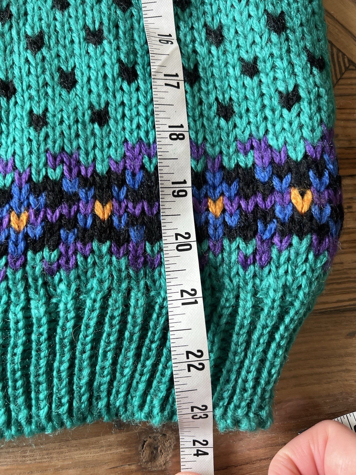 Vintage 1980s/90s JJ Fargo Hand-Knit Wool Sweater – Turquoise & Geometric Size M